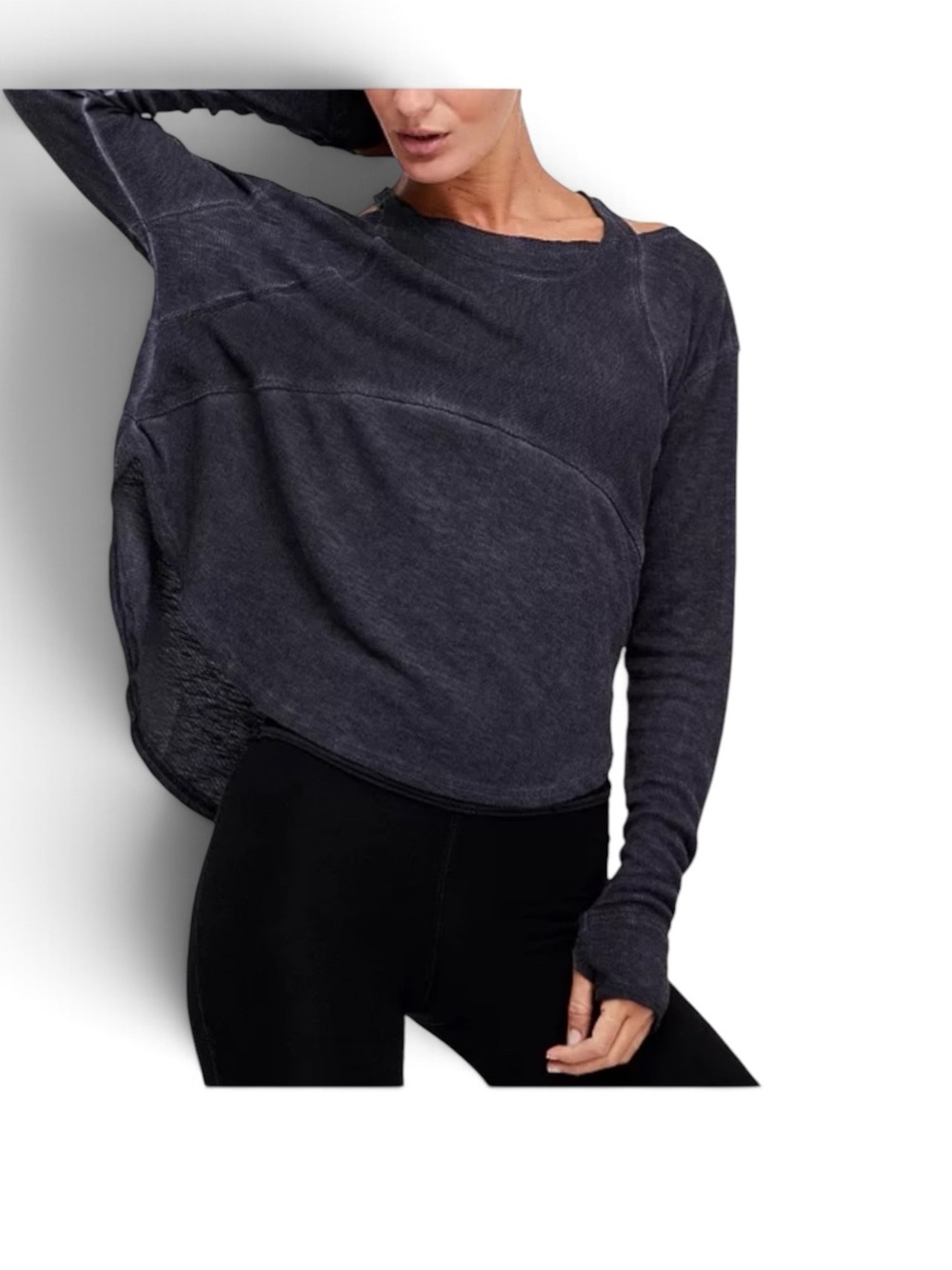 Free People Zenith Washed Black Long Sleeve Waffle Knit Longsleeve Top Sz S